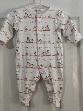 Kissy Kissy Baby Girl White Footed One-Piece with Pink Trim and Scenic Print